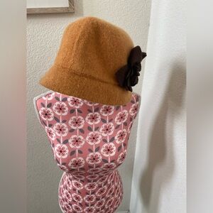Brown and Tan Cloche Hat with Flower Accent